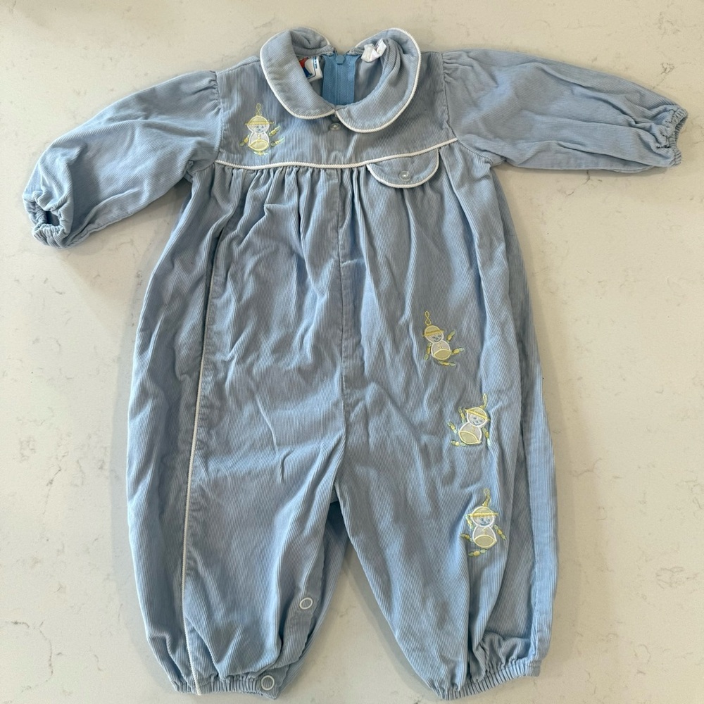 Vintage Heirloom Baby Blue Cracker Jack Corduroy Romper size 6 months